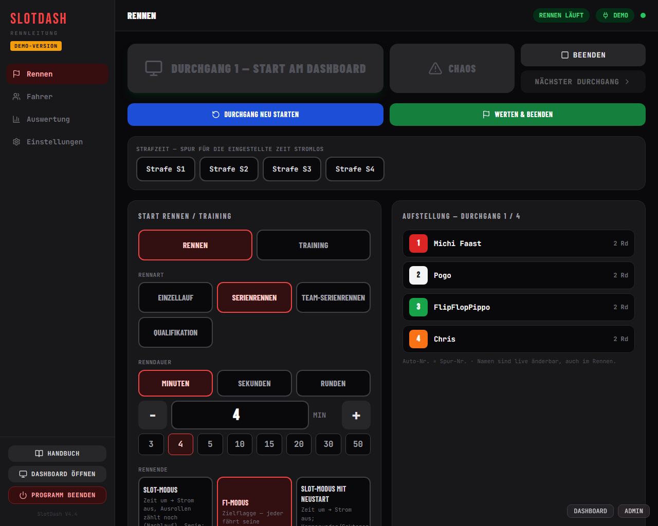 Cockpit durante una manche: pulsante track call, tempo di penalità per corsia e classifica live